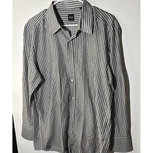Hugo Boss Shirt Mens XL Gray Striped‎ Cotton Button Up Long Sleeve